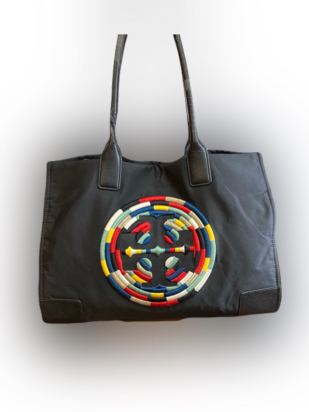 Tory Burch Ella Rope Tote Large Black Nylon w/ Vibrant Circular Pattern 10006142